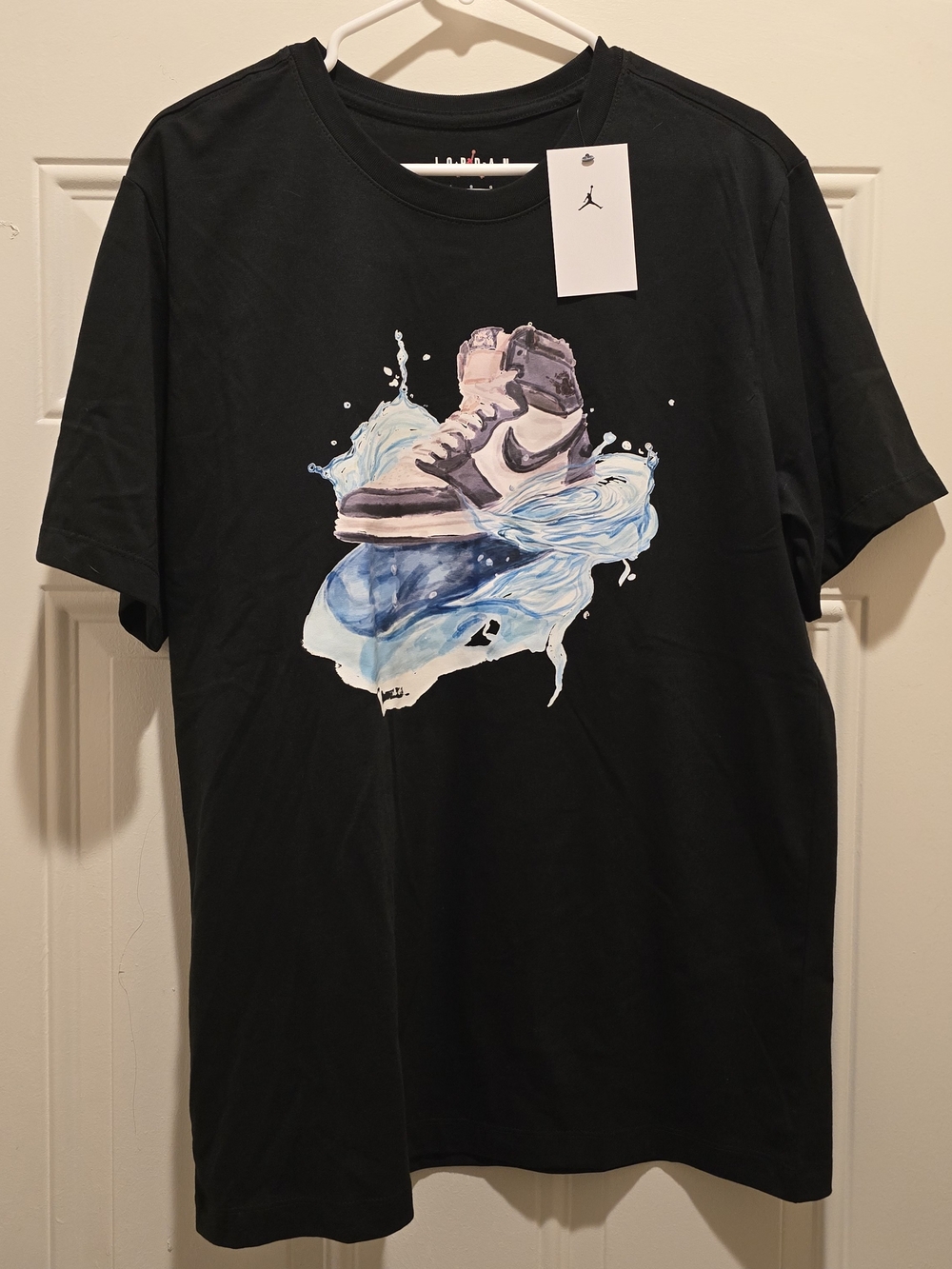 Jordan Black Tee with Blue and White Sneaker Graphic